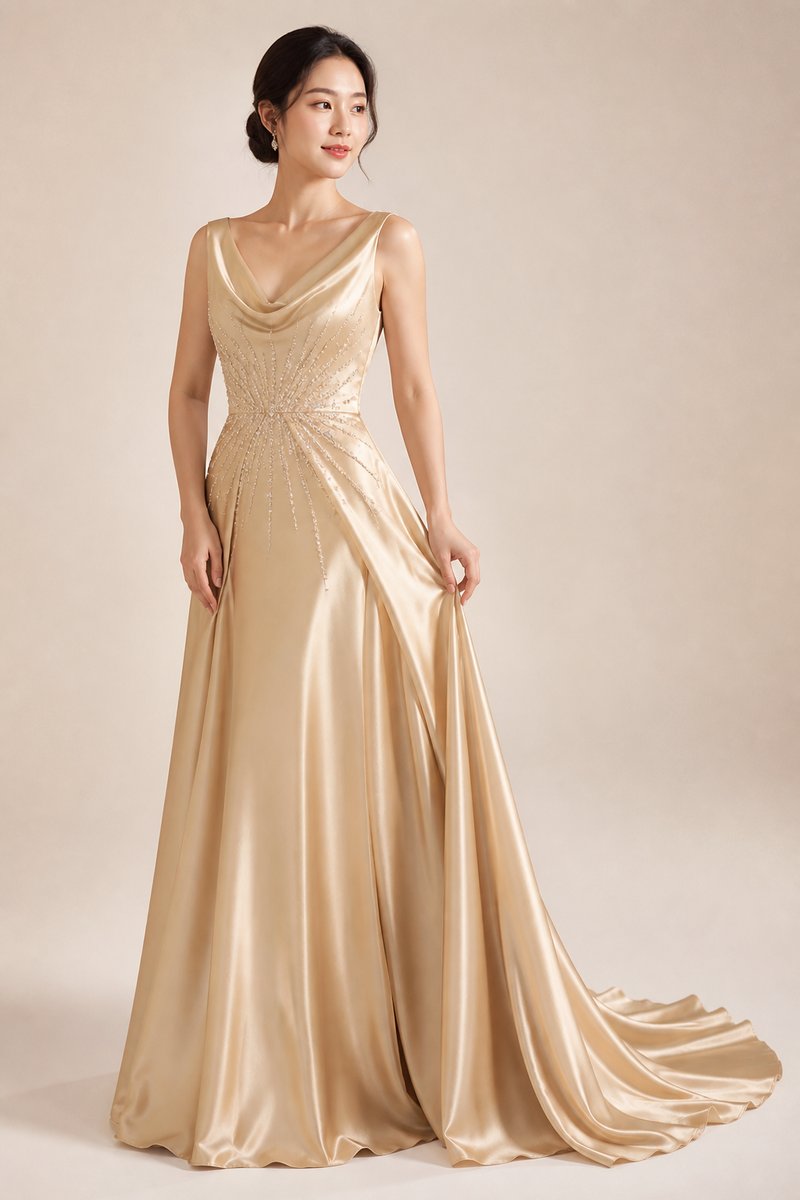 Champagne gold satin evening gown with cowl neckline, crystal beading and flowing train