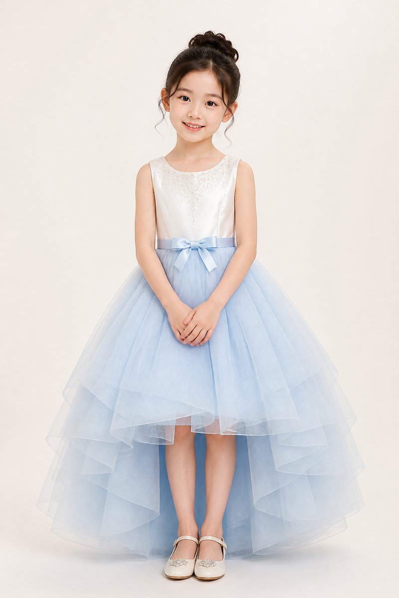 Powder blue tulle flower girl gown with ivory beaded bodice and satin bow