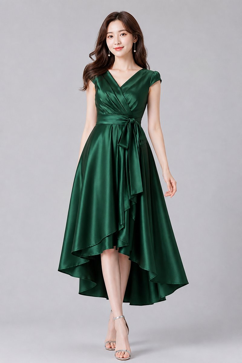 Emerald green draped satin midi party dress with high-low hem and sash