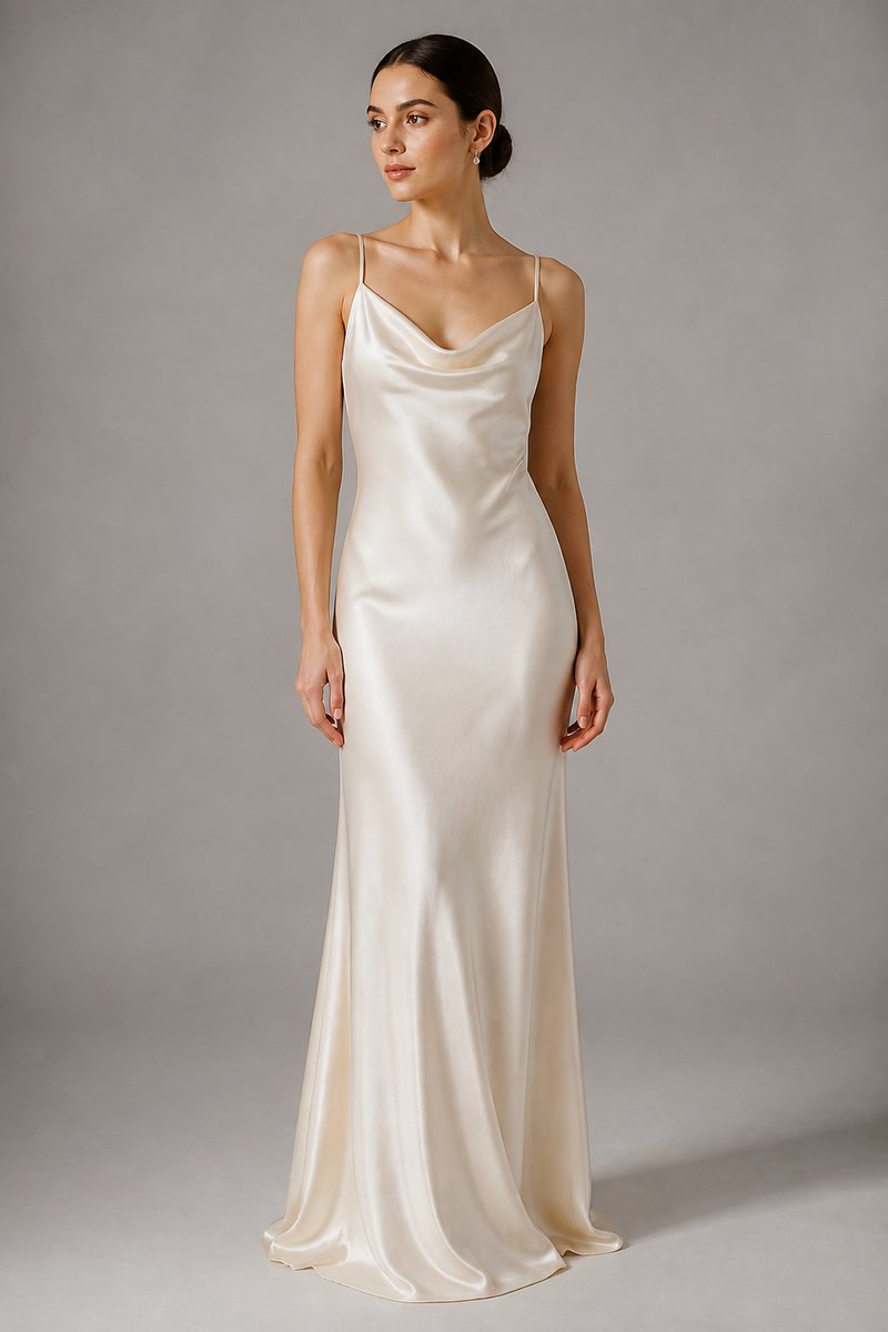 Warm ivory satin cowl-neck slip maxi gown with fluid draping