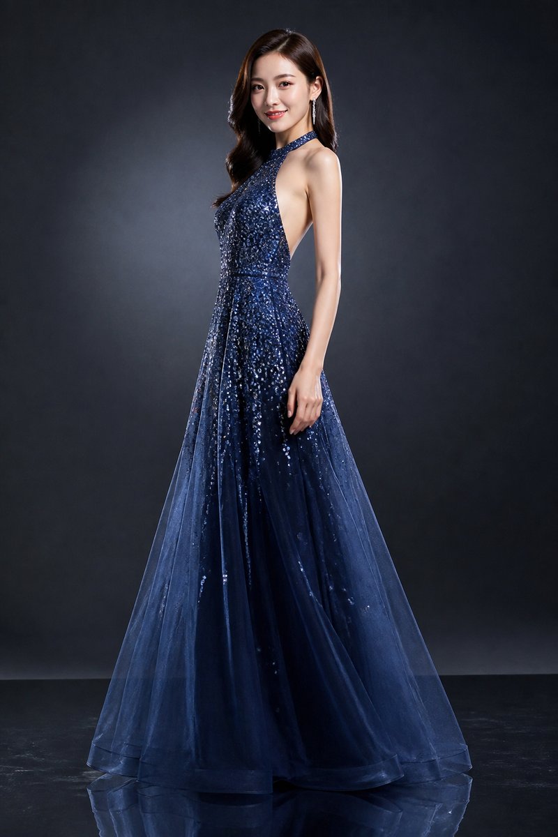 Midnight blue sequined halter evening gown with layered tulle skirt