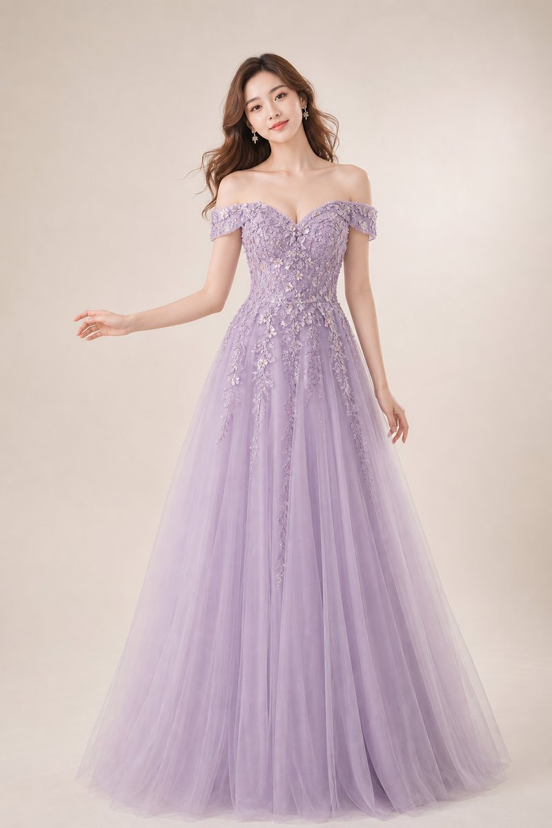 Soft lilac off-shoulder gown with beaded floral embroidery and tulle skirt