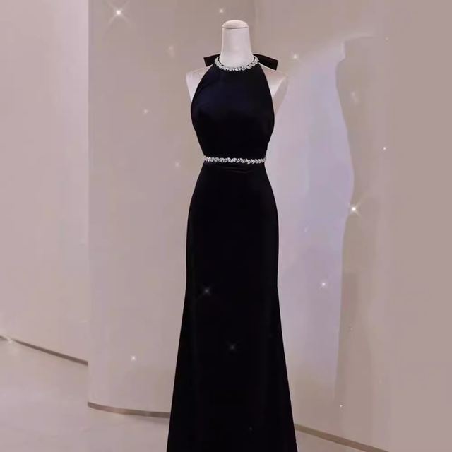 YUEGEE YG-03 navy halter, satin mermaid, floor-length