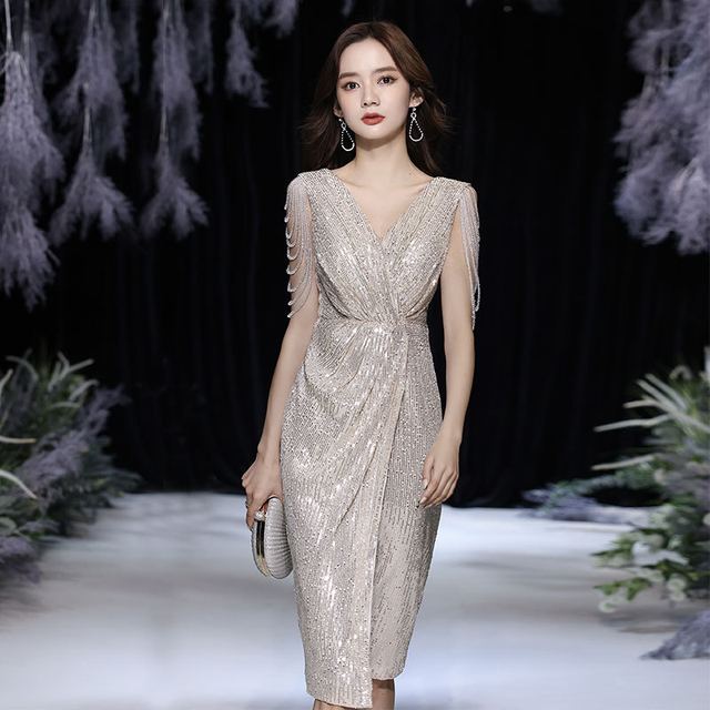YUEGEE YG-06 champagne sequin sheath, midi, short sleeve