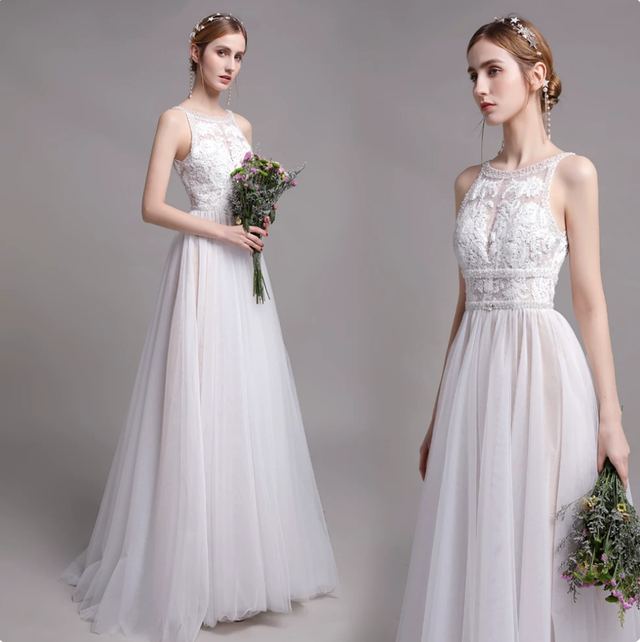 YUEGEE YG-07 white lace bodice, tulle skirt, floor-length