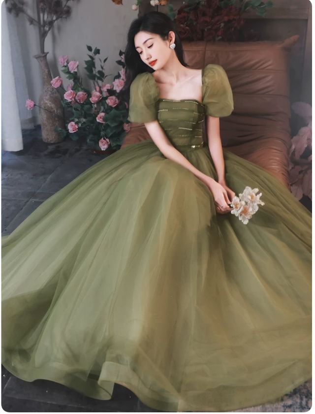 YUEGEE YG-09 sage green tulle skirt, A-line, floor-length