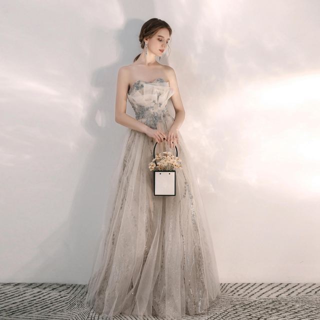 YUEGEE YG-10 champagne tulle ball gown, beaded bodice, floor-length