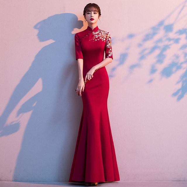 YUEGEE YG-11 red qipao, mermaid, floor-length