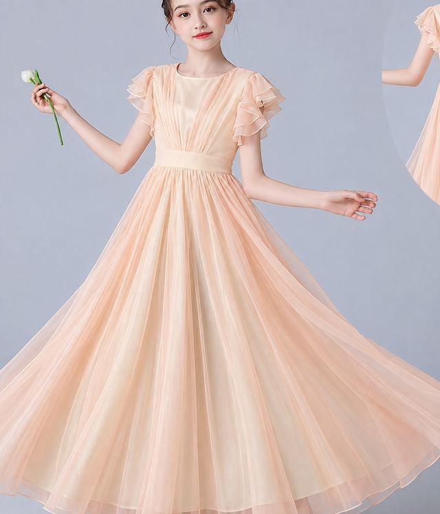 YUEGEE YG-17 peach chiffon, flutter sleeve, floor-length
