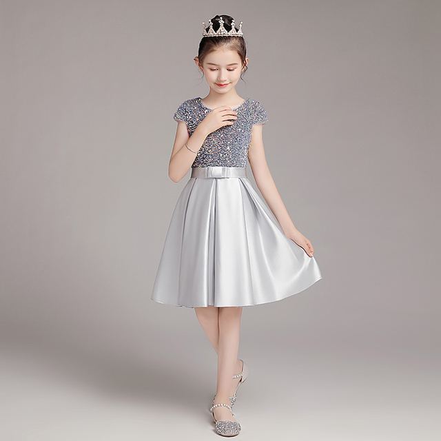 YUEGEE YG-22 silver gray sequin top, satin skirt, knee-length