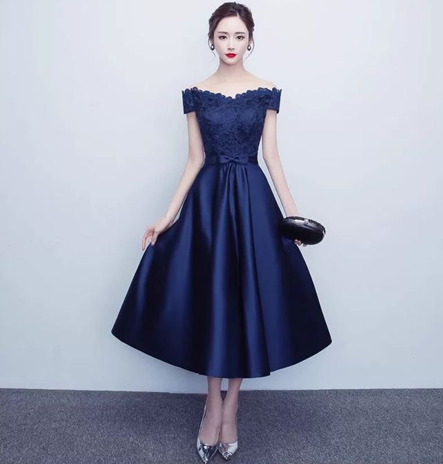 YUEGEE YG-24 navy satin, off-shoulder, knee-length