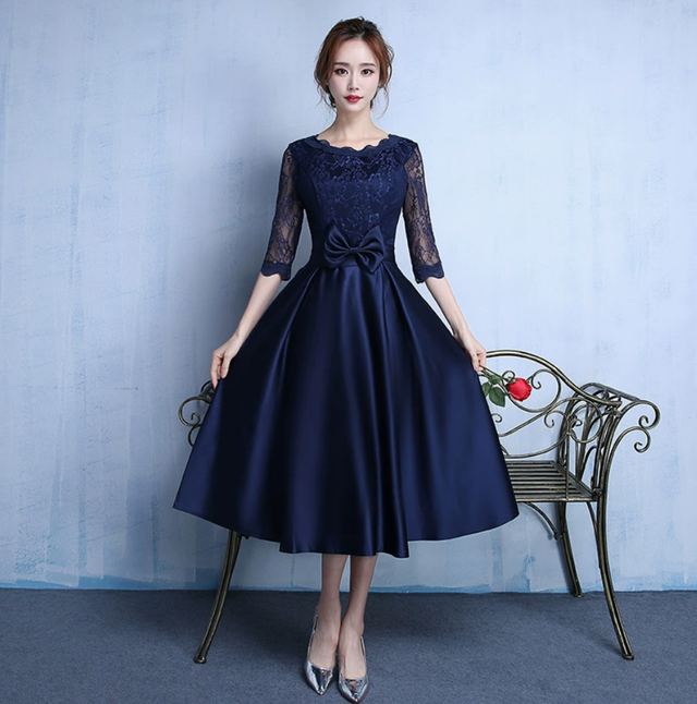 YUEGEE YG-29 navy lace bodice, bow waist, midi