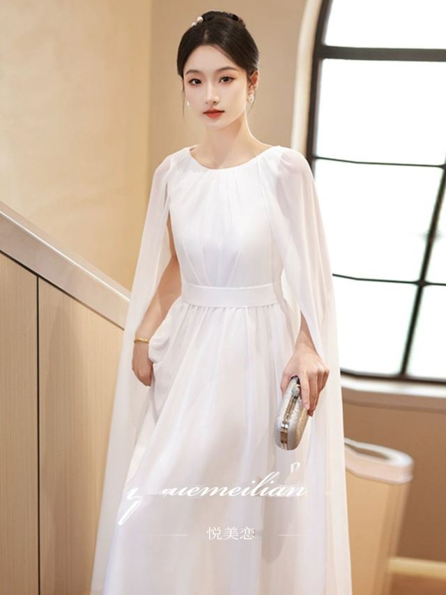 YUEGEE YG-30 white cape sleeves, satin, floor-length