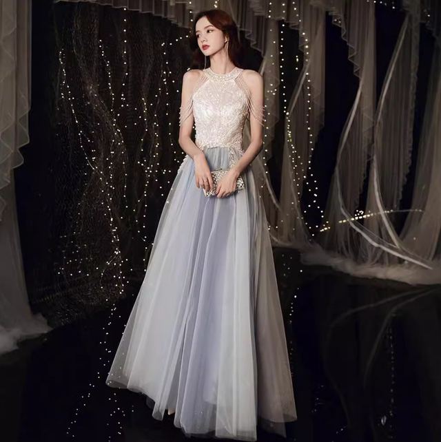 YUEGEE YG-37 silver white beaded halter, tulle skirt, floor-length