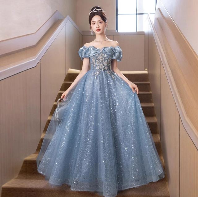 YUEGEE YG-38 light blue off-shoulder, tulle ball gown, floor-length