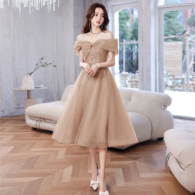 YUEGEE YG-42 champagne off-shoulder bow, tulle skirt, midi
