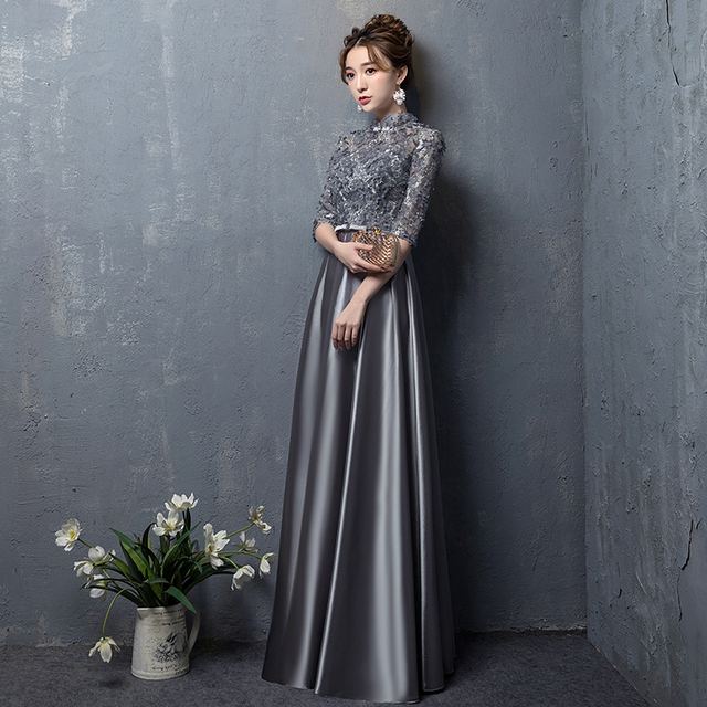 YUEGEE YG-44 gray lace bodice, satin mermaid, floor-length