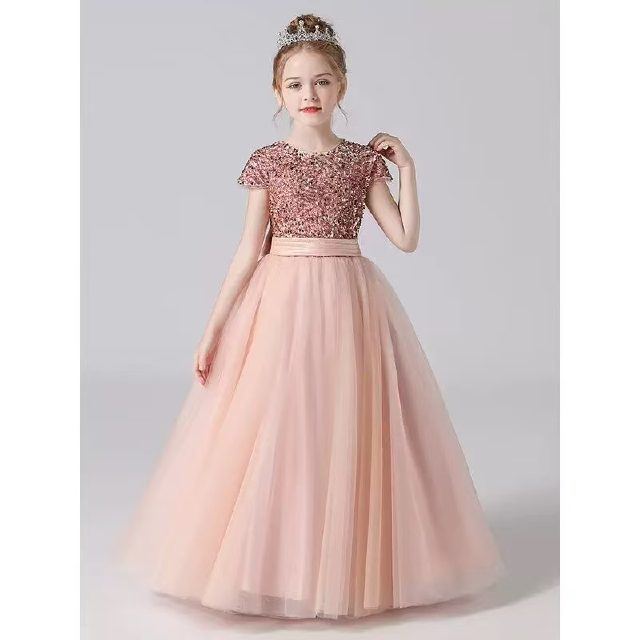 YUEGEE YG-45 blush pink sequin bodice, tulle ball gown, floor-length