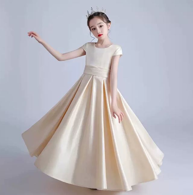 YUEGEE YG-46 champagne satin ball gown, cap sleeve, floor-length