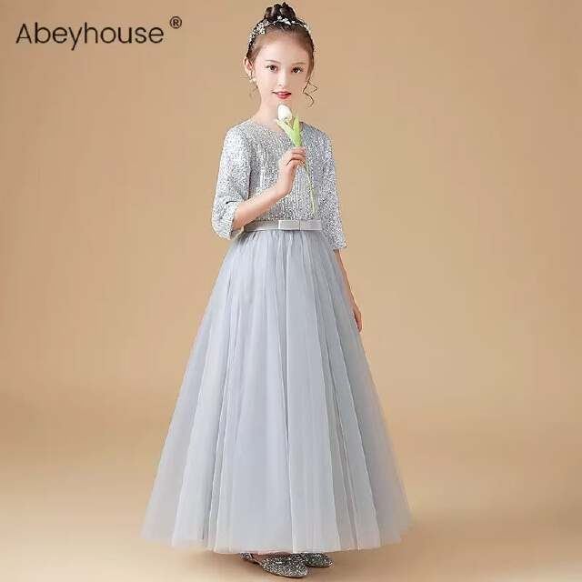 YUEGEE YG-48 silver gray sequin bodice, tulle skirt, long sleeve