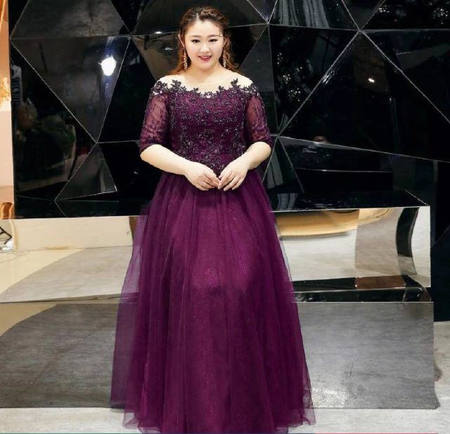 YUEGEE YG-49 purple beaded bodice, tulle A-line, short sleeve