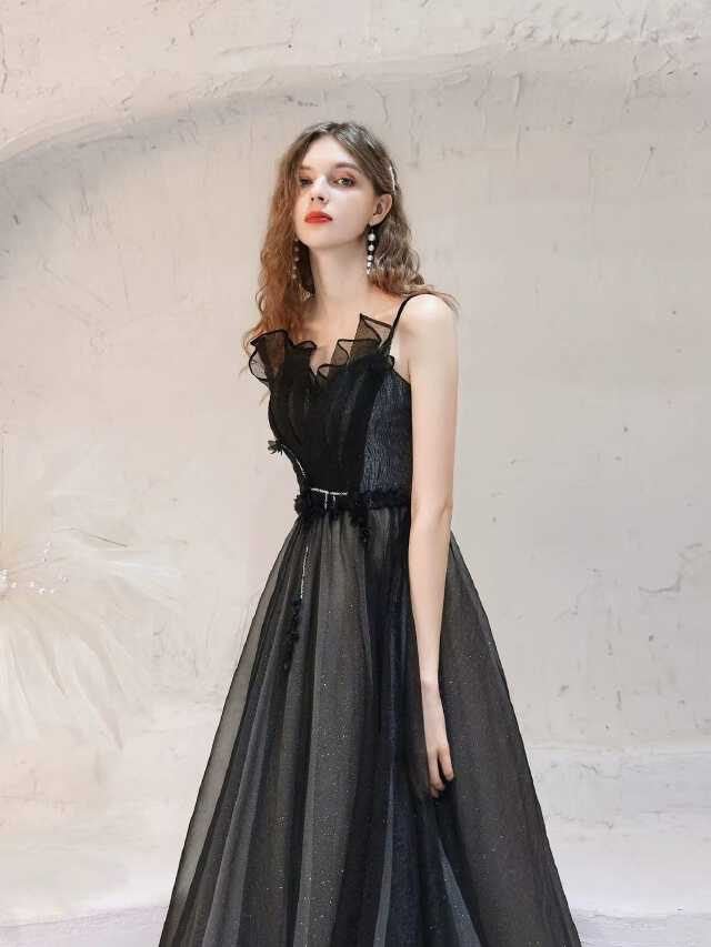 YUEGEE YG-52 black ruffled bodice, glitter tulle, spaghetti strap