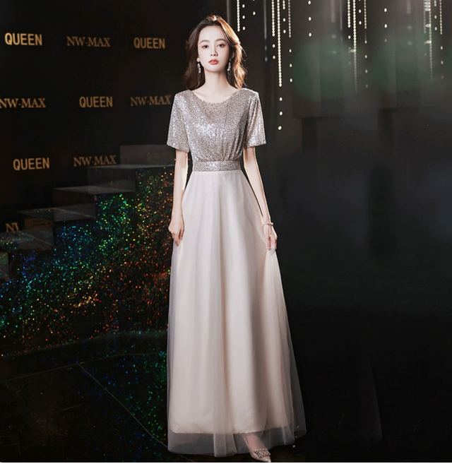 YUEGEE YG-56 champagne beaded bodice, shimmer tulle, short sleeve