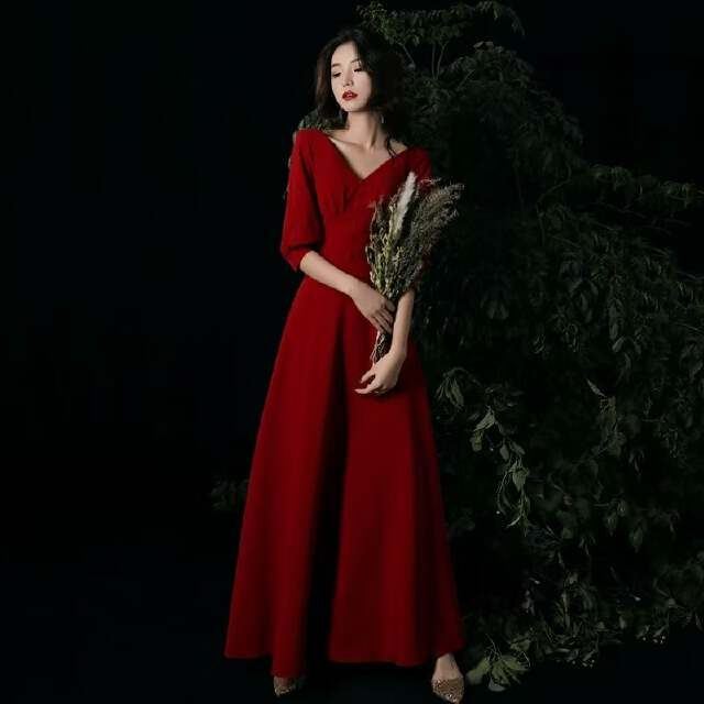 YUEGEE YG-58 burgundy V-neck, half sleeve, draped maxi