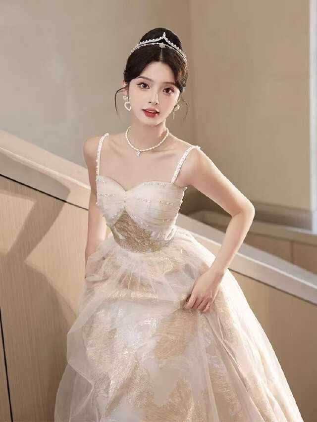 YUEGEE YG-59 champagne beaded corset, pearl strap, layered tulle