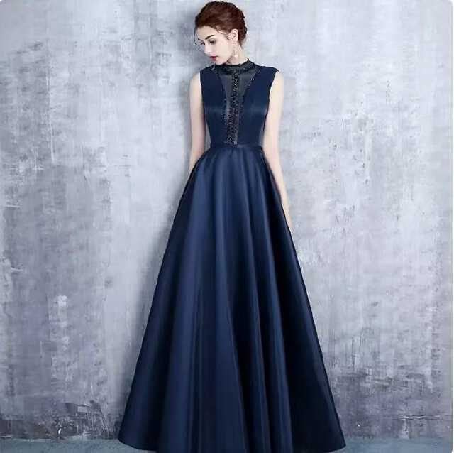 YUEGEE YG-60 navy satin ball gown, lace trim, sleeveless