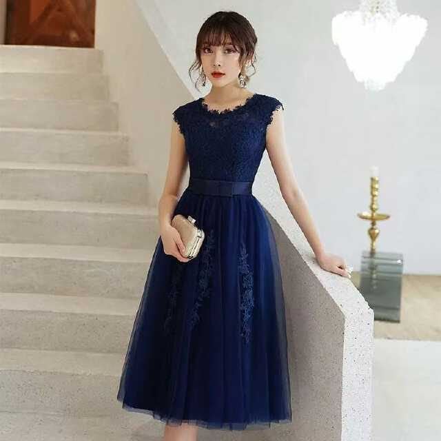 YUEGEE YG-61 navy lace bodice, tulle midi skirt, cap sleeve