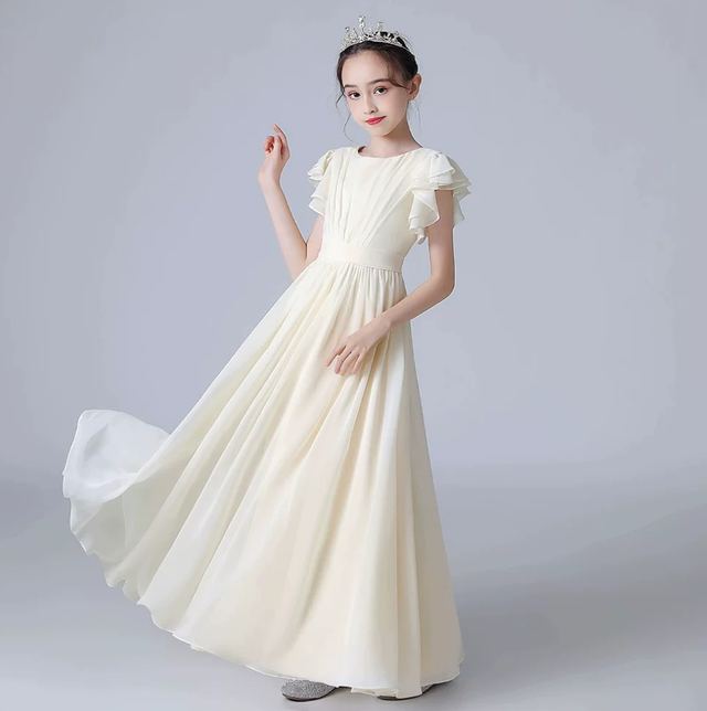 YUEGEE YG-62 ivory flutter sleeve, pleated bodice, chiffon maxi