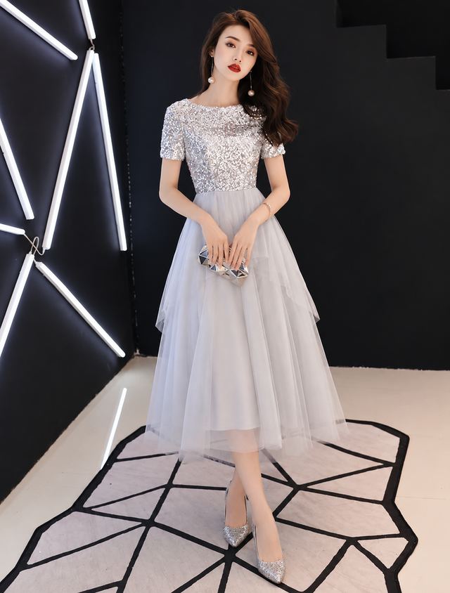 YUEGEE YG-63 silver gray sequin bodice, tulle A-line, short sleeve