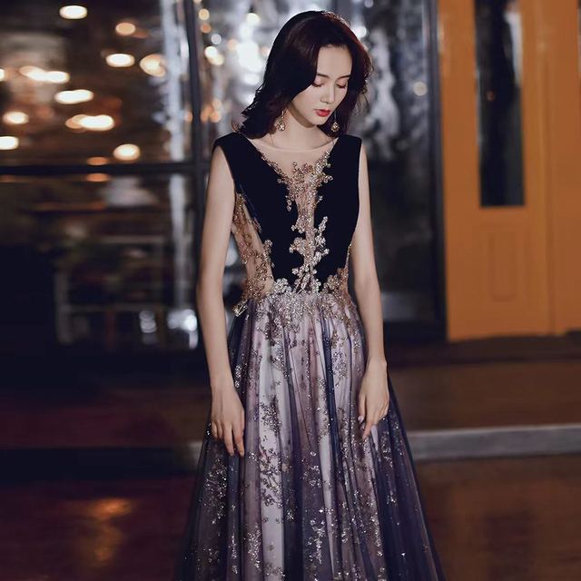 YUEGEE YG-68.0 black gold embroidery bodice, sheer tulle skirt