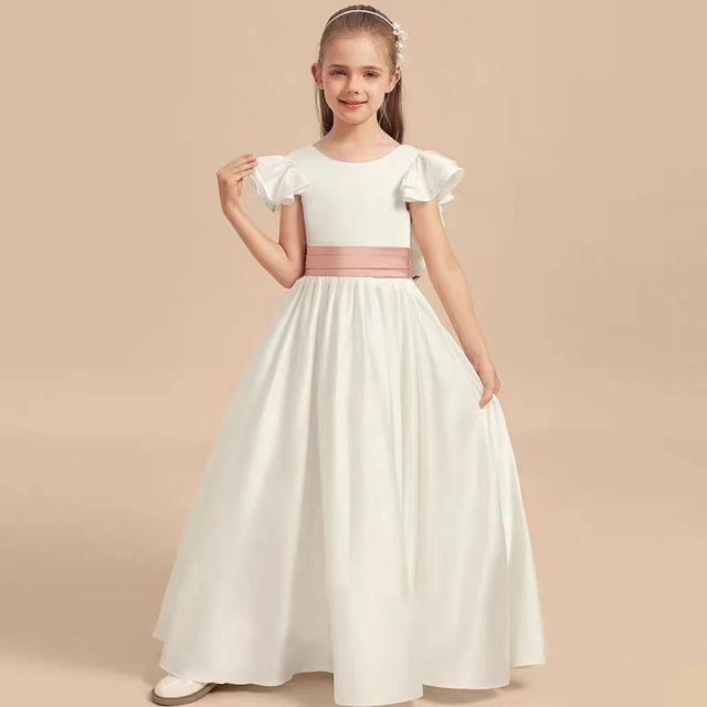 YUEGEE YG-69.0 white satin gown, pink sash, puff sleeve