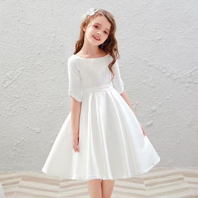 YUEGEE YG-70.0 white satin dress, lace trim, three-quarter sleeve