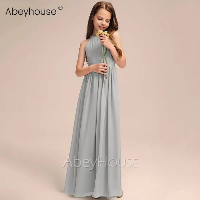 YUEGEE YG-71.0 silver gray chiffon halter, pleated bodice, maxi