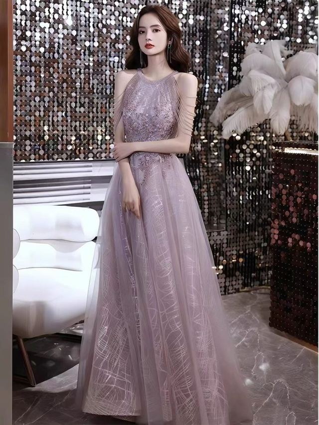 YUEGEE YG-73.0 lavender beaded fringe halter, tulle A-line