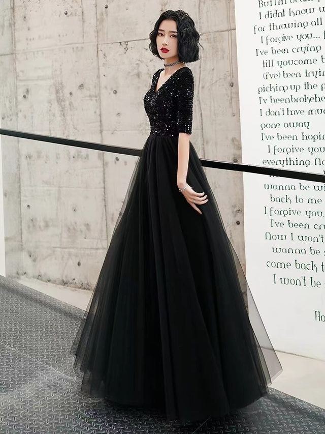 YUEGEE YG-74.0 black sequin bodice, tulle skirt, V-neck