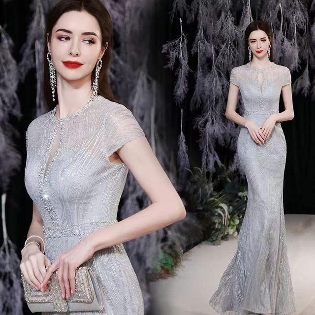 YUEGEE YG-76.0 silver gray beaded cap sleeve, mermaid, keyhole neckline